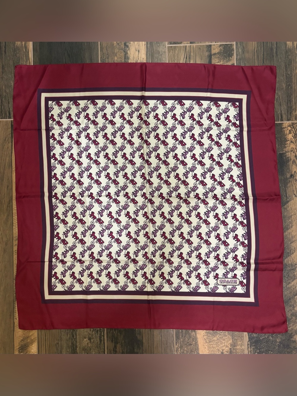 Coach Burgundy and Cream Horse-and-Carriage Patterned Silk Square Scarf